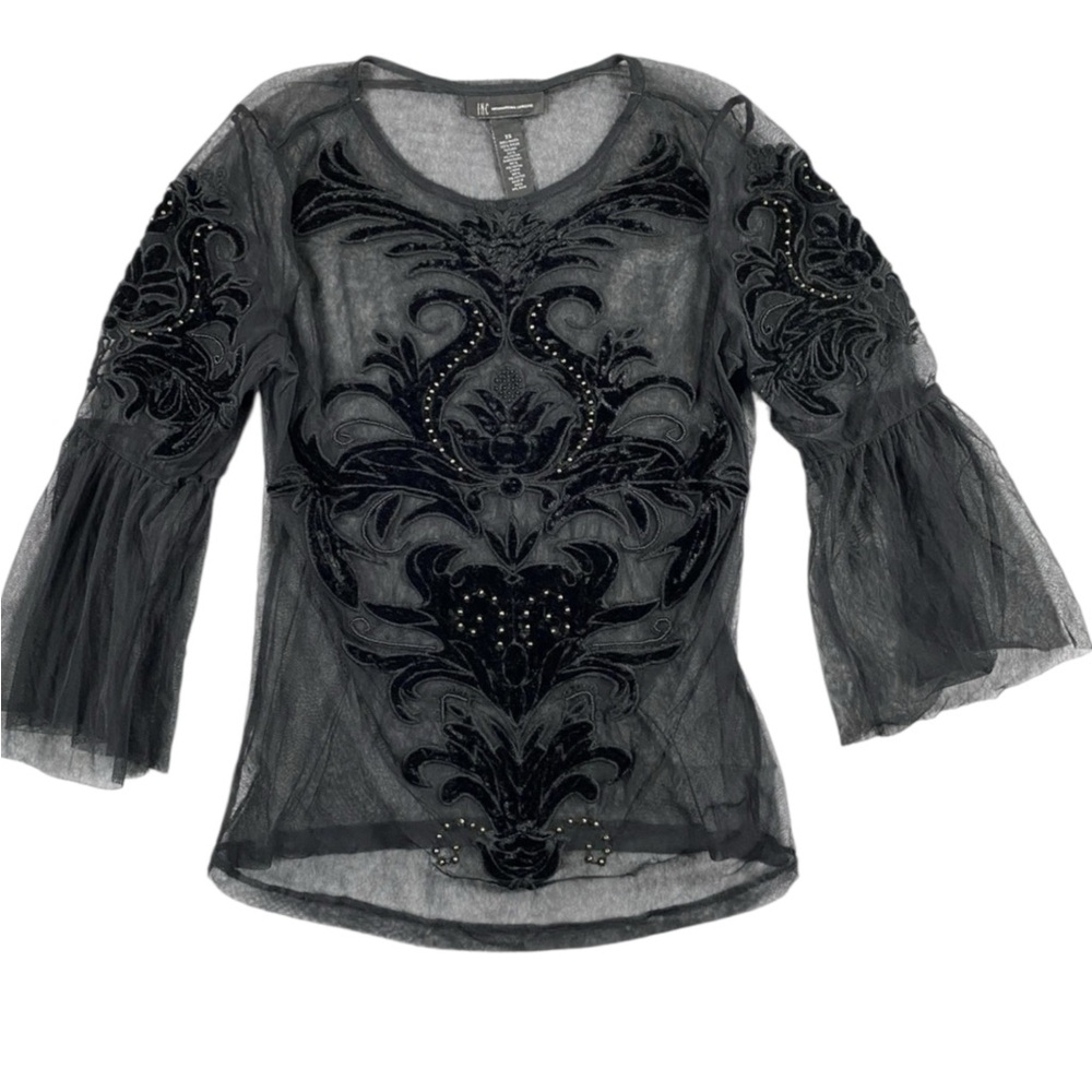 INC Black Mesh Velvet Appliqué See Through Top Blouse. Petite,Vintage,Y2K, Goth - Picture 8 of 15